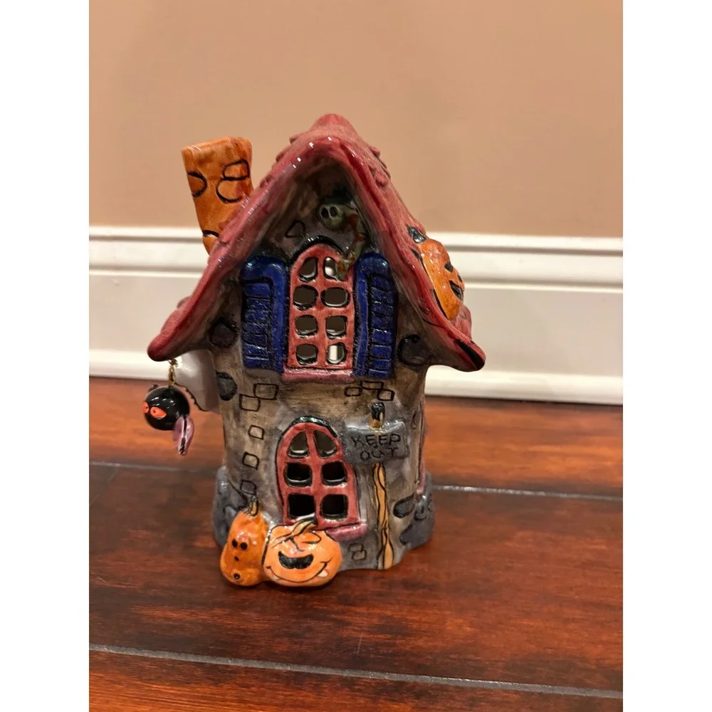 Halloween Ceramic Haunted House Tea Light Holder Ghost Skull Bat Decor Multi